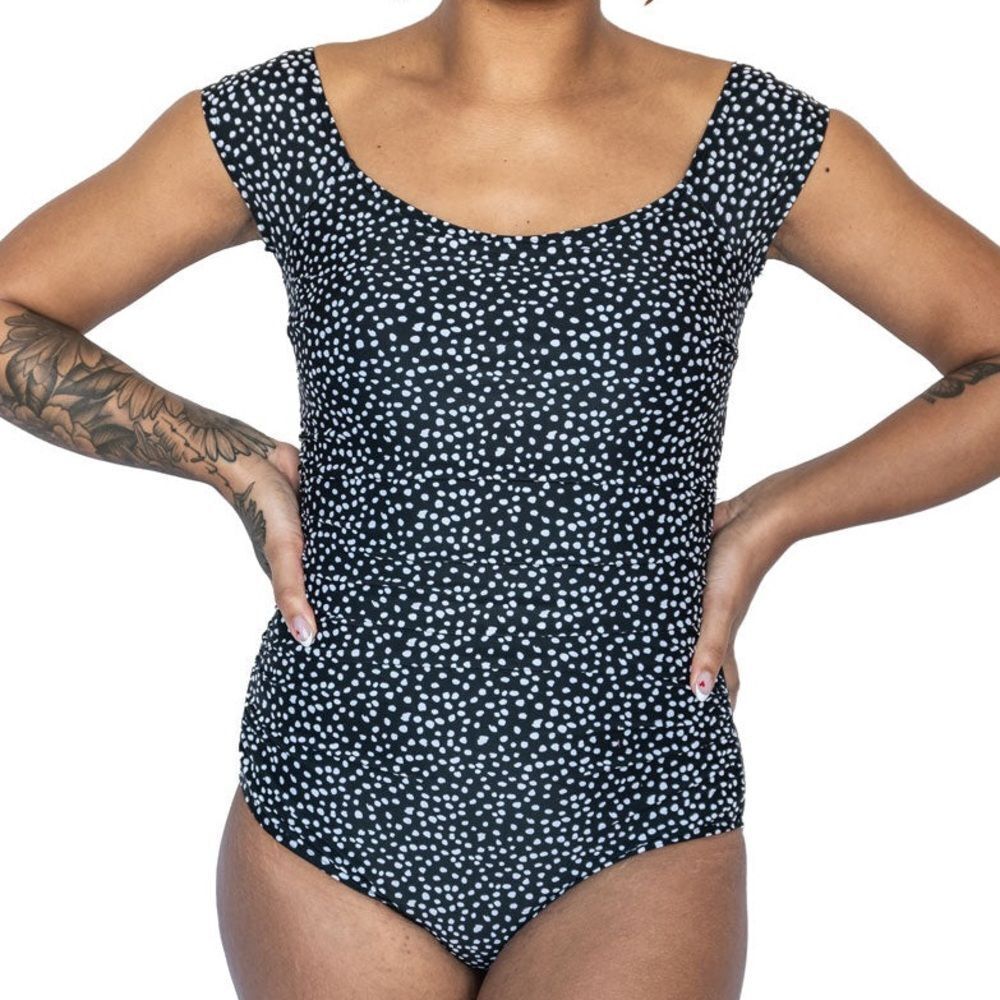 NWT Janela Bay Bardot One Piece Strappy Back Swimsuit Black White Dots Size XXXL